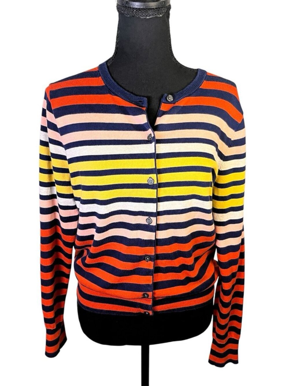 Lands End Supima Cotton Striped Cardigan Sweater Sz S 6-8 Orange Blue Button